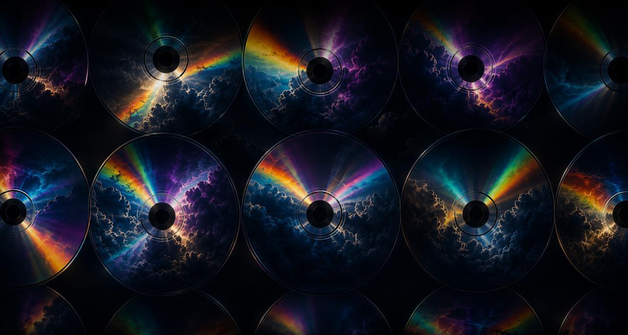 A wall of compact discs reflecting vivid light through storm clouds